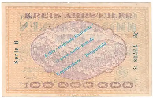 Ahrweiler , Notgeld 100 Millionen Mark -FEHLDRUCK- in kfr. Keller 28.a , Rheinland 1923 Grossnotgeld Inflation