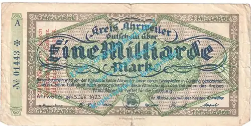 Ahrweiler , Notgeld 1 Milliarde Mark Schein in gbr. Keller 28.b.60 , RHL 1923