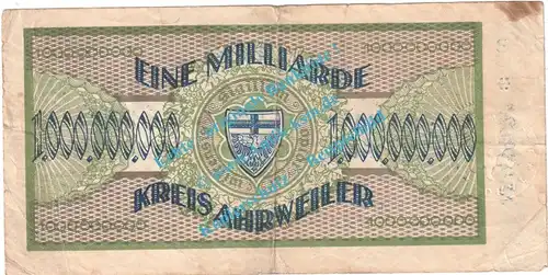 Ahrweiler , Notgeld 1 Milliarde Mark Schein in gbr. Keller 28.b.59 , Rheinland 1923 Grossnotgeld Inflation