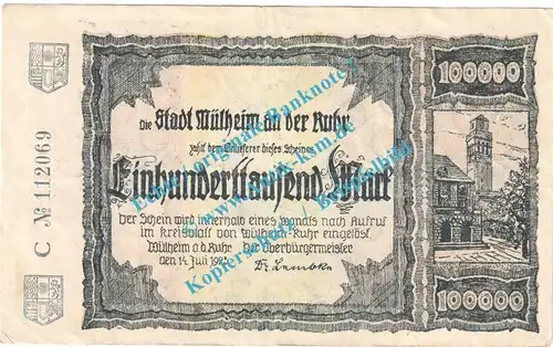 Mülheim , Notgeld 100.000 Mark Schein in gbr. Keller 3637.b , Rheinland 1923 Grossnotgeld Inflation