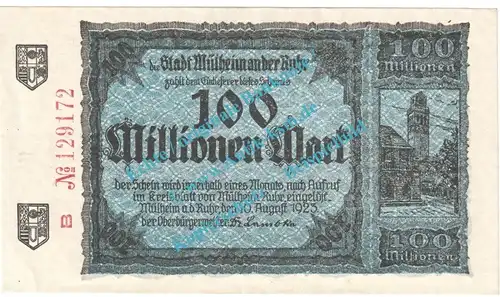 Mülheim , Notgeld 100 Millionen Mark Schein in kfr. Keller 3637.h , Rheinland 1923 Grossnotgeld Inflation
