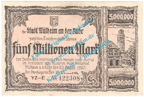 Mülheim , Notgeld 5 Millionen Mark Schein in gbr. Keller 3637.f , Rheinland 1923 Grossnotgeld Inflation