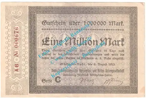 Mülheim , Notgeld 1 Million Mark Schein in gbr. Keller 3638.e , Rheinland 1923 Grossnotgeld Inflation