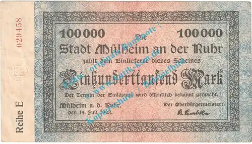 Mülheim , Notgeld 100.000 Mark Schein in gbr. Keller 3637.a , Rheinland 1923 Grossnotgeld Inflation