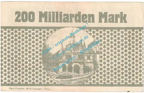 Mühlhausen , Notgeld 200 Milliarden Mark Schein in gbr. Keller 3621.e , Thüringen 1923 Grossnotgeld Inflation