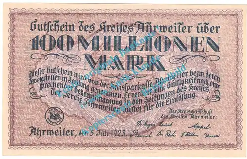 Ahrweiler , Notgeld 100 Millionen Mark -v.Kreise- in kfr. Keller 28.a , Rheinland 1923 Grossnotgeld Inflation