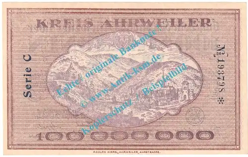 Ahrweiler , Notgeld 100 Millionen Mark -v.Kreise- in kfr. Keller 28.a , Rheinland 1923 Grossnotgeld Inflation