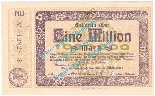 Ahrweiler , Notgeld 1 Million Mark -Siegel- in kfr. Keller 28.a , Rheinland 1923 Grossnotgeld Inflation