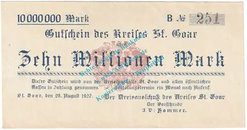 St. Goar , Notgeld 10 Millionen Mark Schein in kfr. Keller 4716.b , Rheinland 1923 Grossnotgeld Inflation