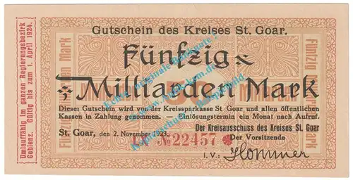 St. Goar , Notgeld 50 Milliarden Mark Schein in kfr. Keller 4716.d , Rheinland 1923 Grossnotgeld Inflation