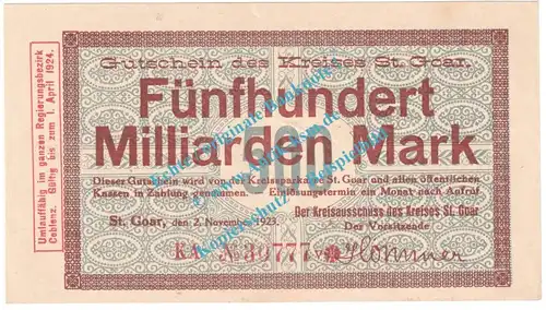 St. Goar , Notgeld 500 Milliarden Mark Schein in kfr. Keller 4716.d , Rheinland 1923 Grossnotgeld Inflation