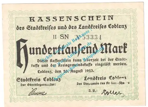 Coblenz , Notgeld 100.000 Mark Schein in kfr. Keller 866.e , Rheinland 1923 Grossnotgeld Inflation