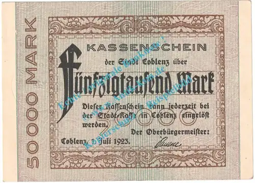 Coblenz , Notgeld 50.000 Mark Schein in kfr. Keller 865.c , Rheinland 1923 Grossnotgeld Inflation