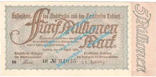 Coblenz , Notgeld 5 Millionen Mark Schein in kfr. Keller 866.d , Rheinland 1923 Grossnotgeld Inflation
