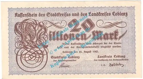 Coblenz , Notgeld 20 Millionen Mark Schein in kfr. Keller 866.g , Rheinland 1923 Grossnotgeld Inflation