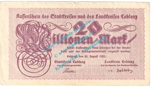 Coblenz , Notgeld 20 Millionen Mark Schein in gbr. Keller 866.h , Rheinland 1923 Grossnotgeld Inflation