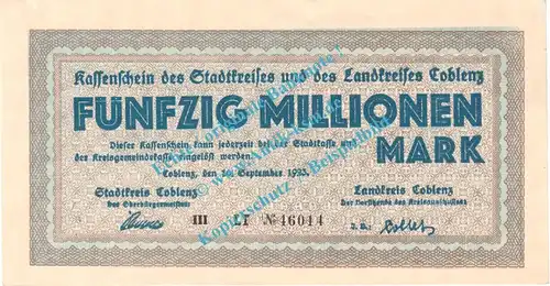Coblenz , Notgeld 50 Millionen Mark Schein in kfr. Keller 866.o , Rheinland 1923 Grossnotgeld Inflation
