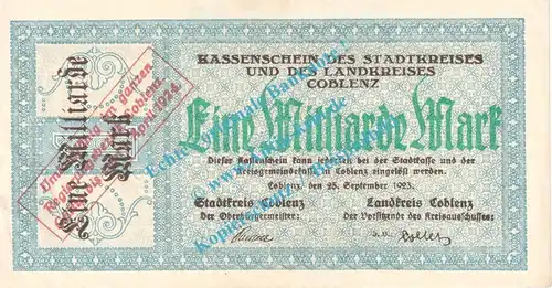 Coblenz , Notgeld 1 Milliarde Mark Schein in kfr. Keller 866.w , Rheinland 1923 Grossnotgeld Inflation