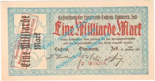 Cochem , Notgeld 1 Milliarde Mark Schein in kfr. Keller 875.e , Rheinland 1923 Grossnotgeld Inflation