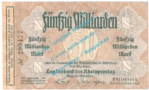 Düsseldorf , Notgeld 50 Milliarden Mark Schein in kfr. Keller 1166.bb , Rheinland 1923 Grossnotgeld Inflation