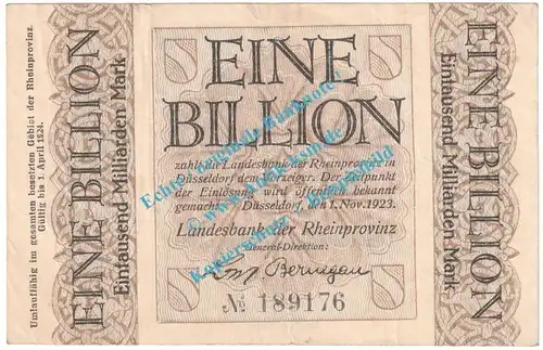 Düsseldorf , Notgeld 1 Billion Mark Schein in gbr. Keller 1166.cc , Rheinland 1923 Grossnotgeld Inflation