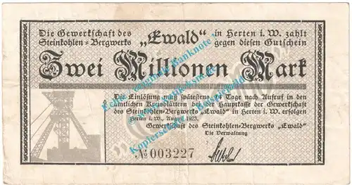 Herten , Notgeld 2 Millionen Mark -Ewald- in gbr. Keller 2357.a , Westfalen 1923 Grossnotgeld Inflation