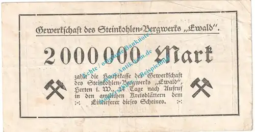 Herten , Notgeld 2 Millionen Mark -Ewald- in gbr. Keller 2357.a , Westfalen 1923 Grossnotgeld Inflation