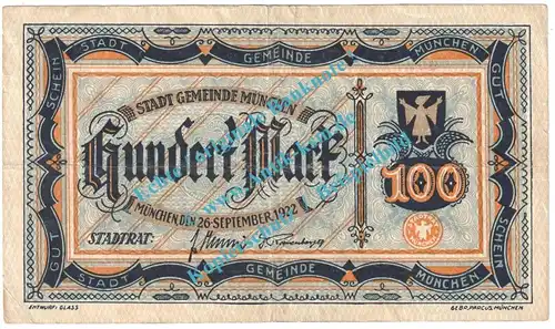 München , Notgeld 100 Mark Schein in gbr. Müller 3015.1.a , Bayern 1922 Grossnotgeld Inflation