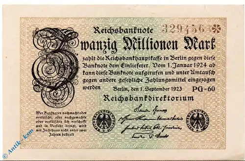 Reichsbanknote , 20 Millionen Mark , Wz Gitter mit 8 , DEU-121 a , Rosenberg 107 , P 108 , vom 01.09.1923 , Inflation