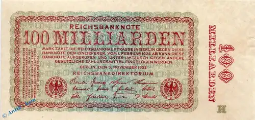 Reichsbanknote , 100 Milliarden Mark Schein f-kfr. DEU-161 b , Rosenberg 130 , P 133 , vom 05.11.1923 , Inflation