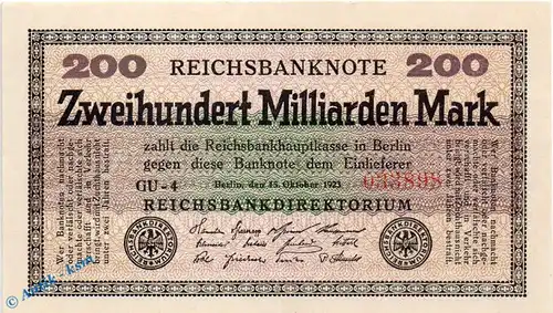 Reichsbanknote , 200 Milliarden Mark Schein L-gbr. DEU-143 g , Rosenberg 118 , P 121 , vom 15.10.1923 , Inflation