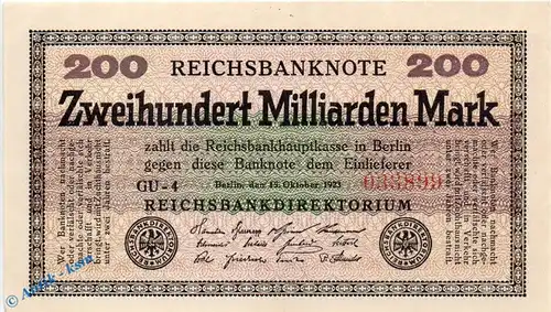 Reichsbanknote , 200 Milliarden Mark Schein kfr. DEU-143 g , Rosenberg 118 , P 121 , vom 15.10.1923 , Inflation