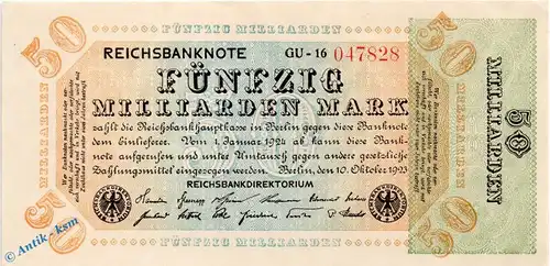 Reichsbanknote , 50 Milliarden Mark Schein in kfr. DEU-142 d , Rosenberg 117 , P 120 , vom 10.10.1923 , Nachkriegszeit und Inflation