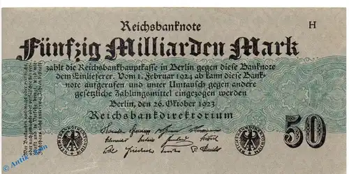 Reichsbanknote , 50 Milliarden Mark Schein in f-kfr. DEU-148 a , Rosenberg 122 , P 125 , vom 26.10.1923 , Nachkriegszeit und Inflation