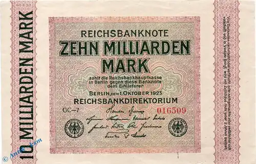 Reichsbanknote , 10 Milliarden Mark Schein in kfr. DEU-136 f , Rosenberg 114 , P 117 , vom 01.10.1923 , Nachkriegszeit und Inflation
