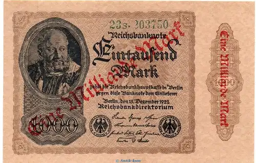 Reichsbanknote , 1 Milliarde Mark Überdruck , DEU-127.a, Ros.110, P.113 , von 1922-23 , Nachkriegszeit und Inflation