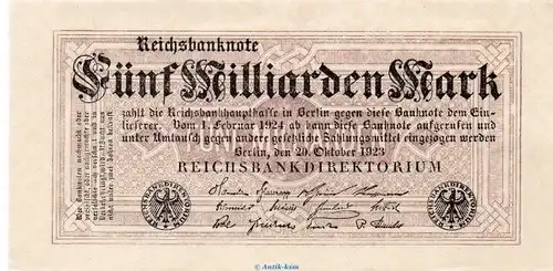 Reichsbanknote , 5 Milliarden Mark Schein in kfr. DEU-145.f, Ros.120, P.123 , vom 20.10.1923 , Weimarer Republik - Inflation