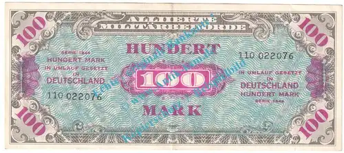 Banknote , 100 Mark Schein in gbr. AMB-7.c, Ros.206, P.64, Alliierte Militärbehörde 1944
