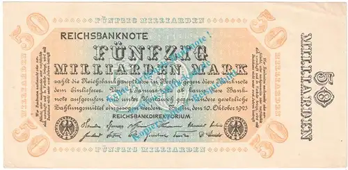 Reichsbanknote , 50 Milliarden Mark Schein in f-kfr. DEU-140.d , Weimarer Republik 1923 Inflation