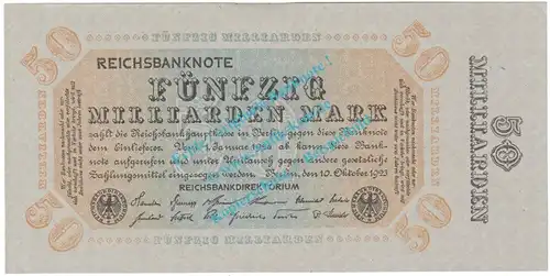 Banknote , 50 Milliarden Mark Schein in kfr. DEU-141, P.119, Weimarer Republik 1923 Inflation