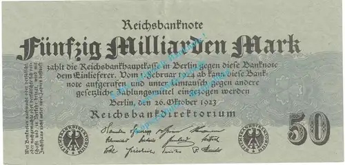 Banknote , 50 Milliarden Mark Schein in f-kfr. DEU-147, P.125 , Weimarer Republik 1923 Inflation