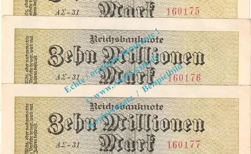 Banknoten , 3 x 10 Millionen Mark -fortl.KN- in kfr. DEU-118.g, P.106, Inflation 1923