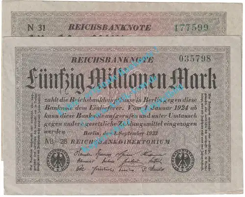 Banknote , 50 Millionen Mark -KN schwarz- in gbr. DEU-122... P.109, 1923 Inflation