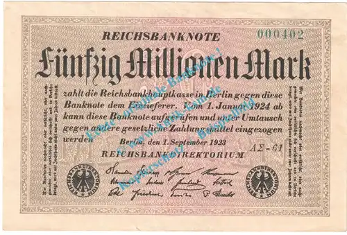 Banknote , 50 Millionen Mark -KN blau- in gbr. DEU-123.i P.109, 1923 Inflation