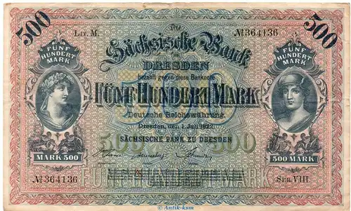 Reichsbanknote , 500 Mark Schein in gbr. SAX-10.a, Ros.748, S.954 , vom 01.07.1922 , Länderbanknote Sachsen