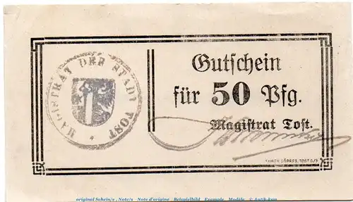 Notgeld Stadt Tost 7380.10.20 , 50 Pfennig Schein in kfr. o.D. , Oberschlesien Verkehrsausgabe