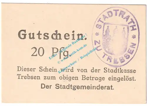 Trebsen , Notgeld 20 Pfennig Schein in kfr. Tieste 7405.05.30 , Sachsen o.D. Verkehrsausgabe