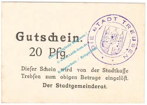 Trebsen , Notgeld 20 Pfennig Schein in kfr. Tieste 7405.05.05 , Sachsen o.D. Verkehrsausgabe