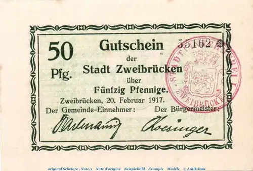 Notgeld Stadt Zweibrücken 8295.10.02 , 50 Pfennig Schein in kfr. von 1917 , Pfalz Verkehrsausgabe