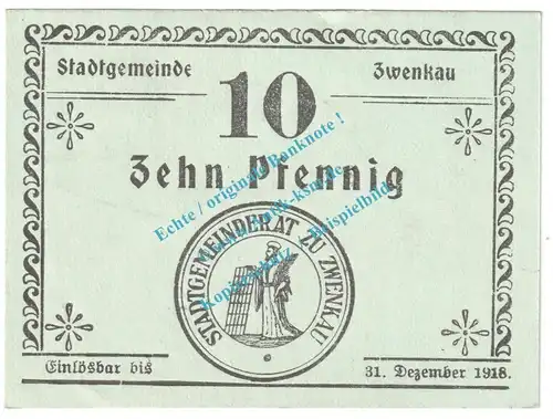 Zwenkau , Notgeld 10 Pfennig Schein in kfr. Tieste 8300.05.02 , Sachsen o.D. Verkehrsausgabe